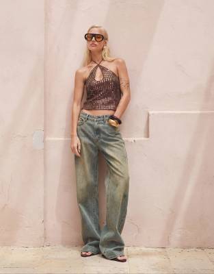 Motel Kelabu Keyhole Detail Halter Neck Sequin Top Co-ord In Brown