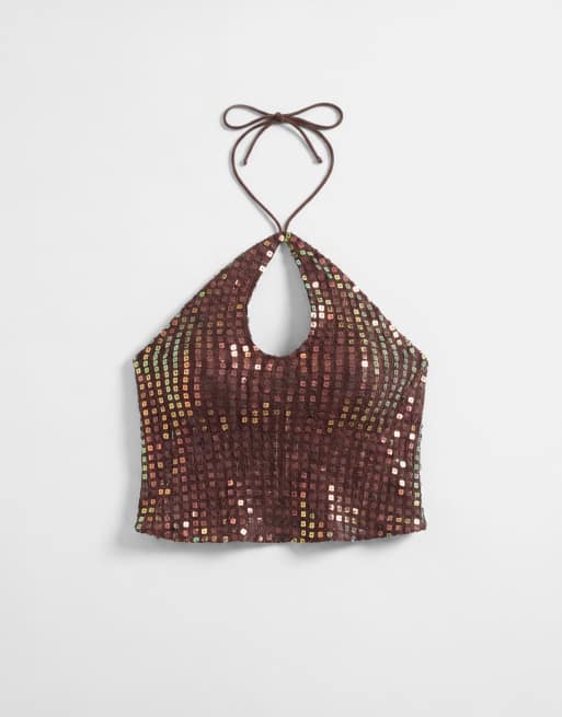 Motel kelabu keyhole detail halter neck sequin top co-ord in multi, 5 of 7