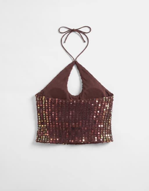 Motel kelabu keyhole detail halter neck sequin top co-ord in multi, 6 of 7