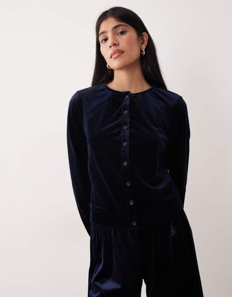 Motel Kellen button up velour cardigan in navy - part of a set - view 1