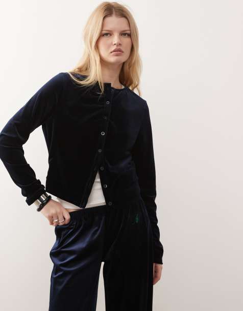 Motel Kellen co-ord button up velour cardigan in navy