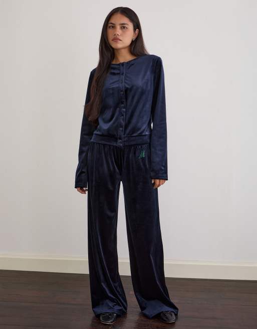 Motel Kellen button up velour cardigan in navy (part of a set), 2 of 4