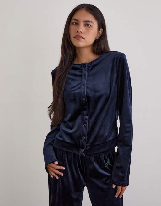 Motel Kellen button up velour cardigan in navy (part of a set), 3 of 4