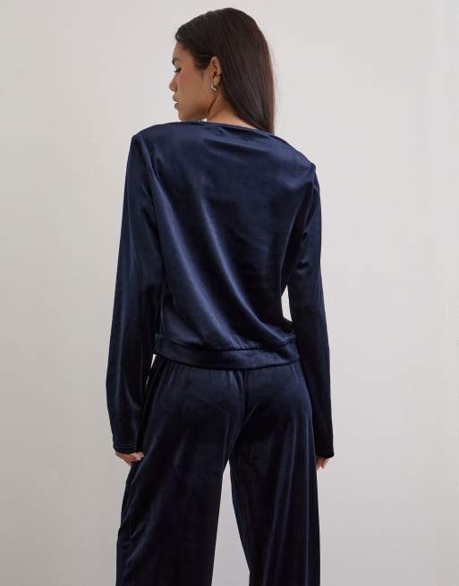 Motel Kellen button up velour cardigan in navy (part of a set), 4 of 4