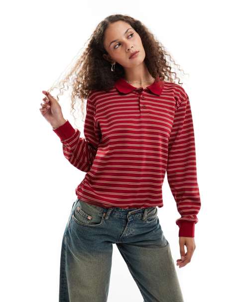 Motel kemillau baggy striped long sleeve rugby top in red and white - view 1