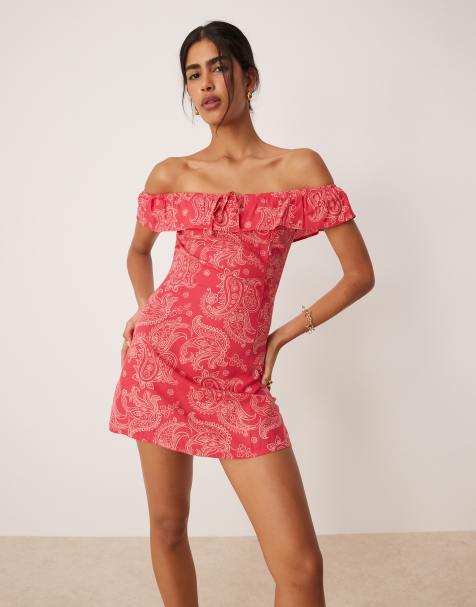 Motel kenja paisley off shoulder ruffle mini dress in pink - view 1