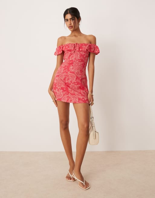 Motel Kenja paisley off-shoulder ruffle mini dress in pink