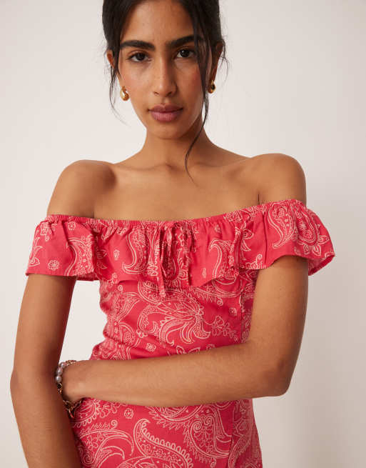 Motel Kenja paisley off-shoulder ruffle mini dress in pink, 4 of 4