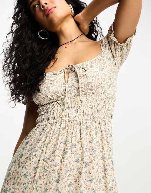 Motel keyhole mini tea dress with shirred waist in antique ivory floral