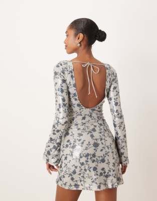 Motel Kimberley Long Sleeve Mini Dress In Gray