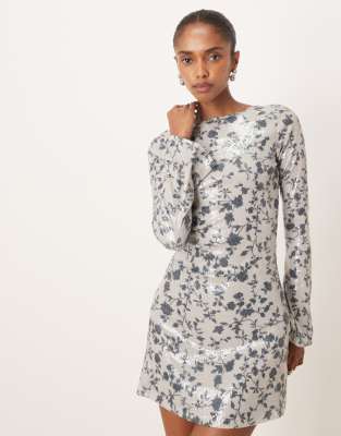 Motel Kimberley Long Sleeve Mini Dress In Gray