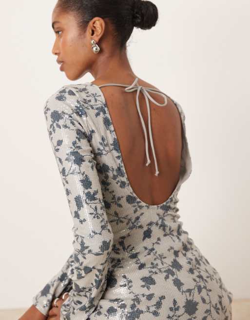 Motel kimberley long sleeve mini dress in sequin flower gray ASOS