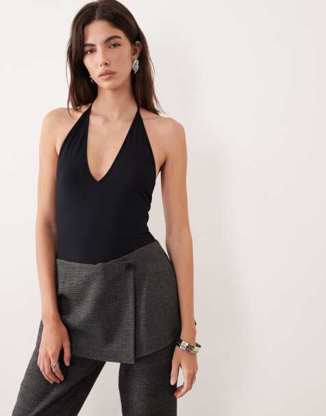 Motel Kitty deep plunge halter bodysuit in black - view 1