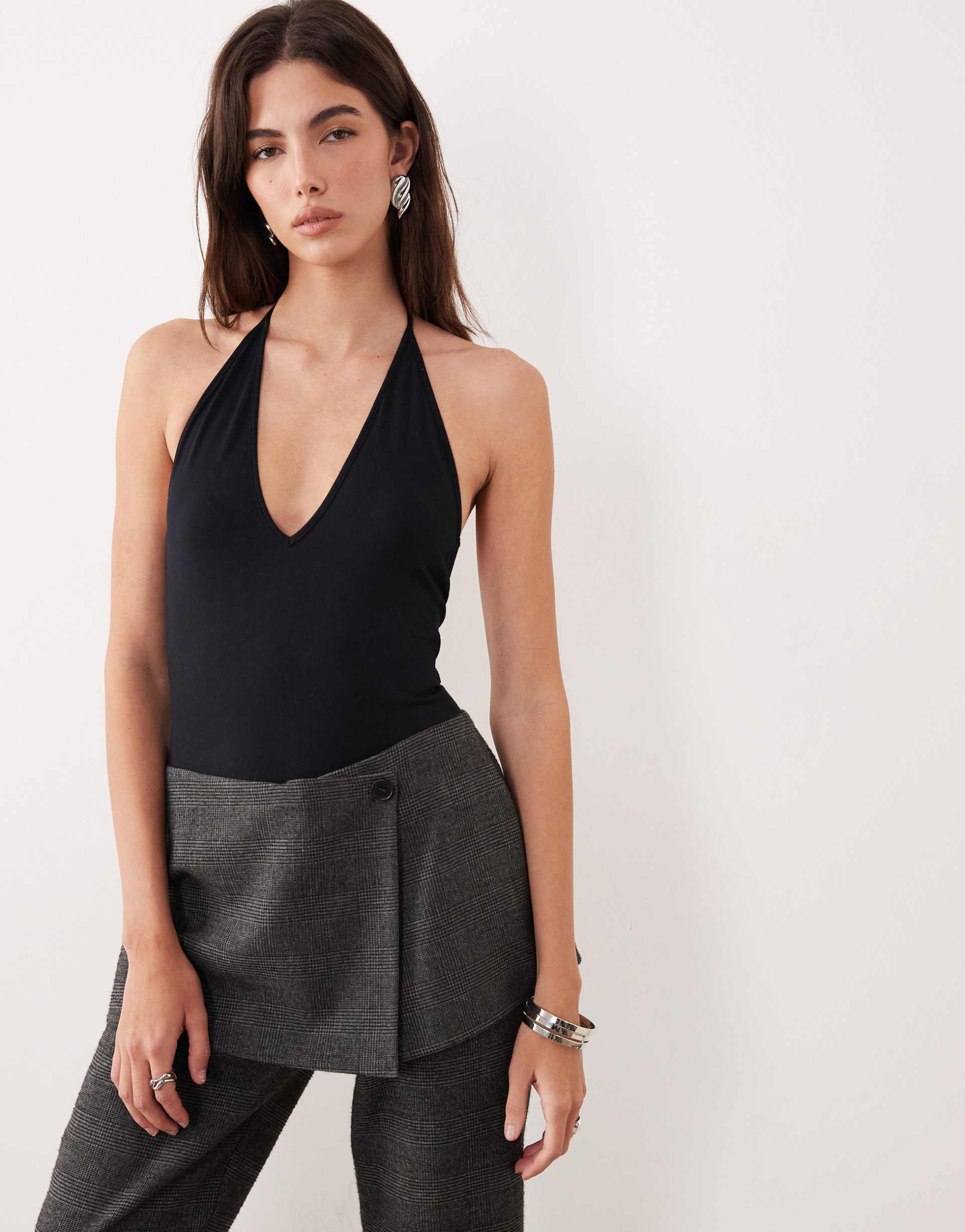 motel kitty deep plunge halter bodysuit in black