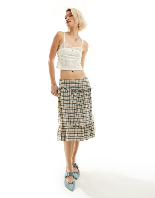 Motel - Knielange rok met ruches en ruitprint in pastelblauw