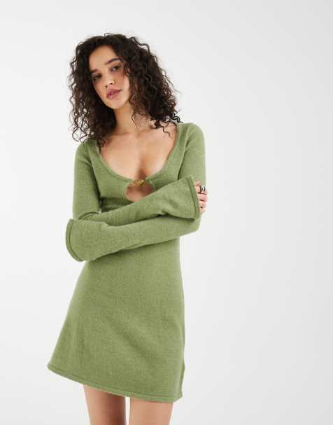 Motel Kodia scoop neck shell knit mini dress in olive - view 1