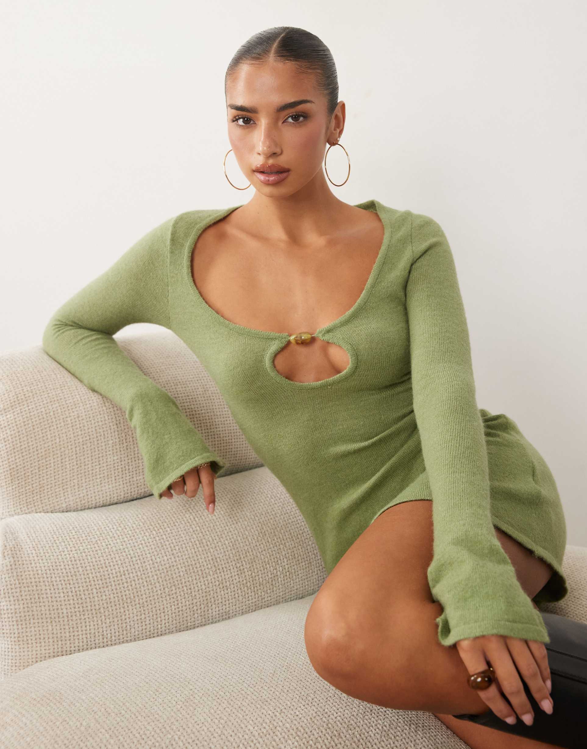motel kodia scoop neck shell knit mini dress in olive