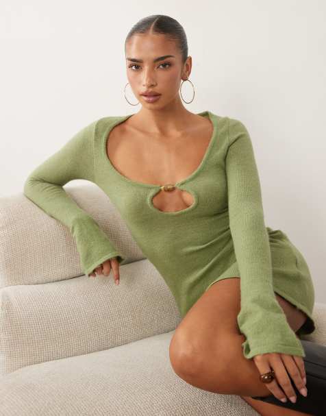 Motel Kodia scoop neck shell knit mini dress in olive