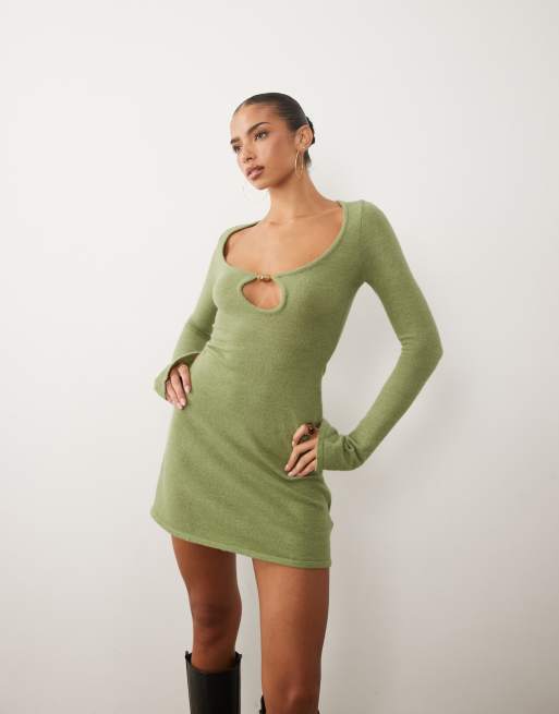 Motel Kodia scoop neck shell knit mini dress in olive, 3 of 4