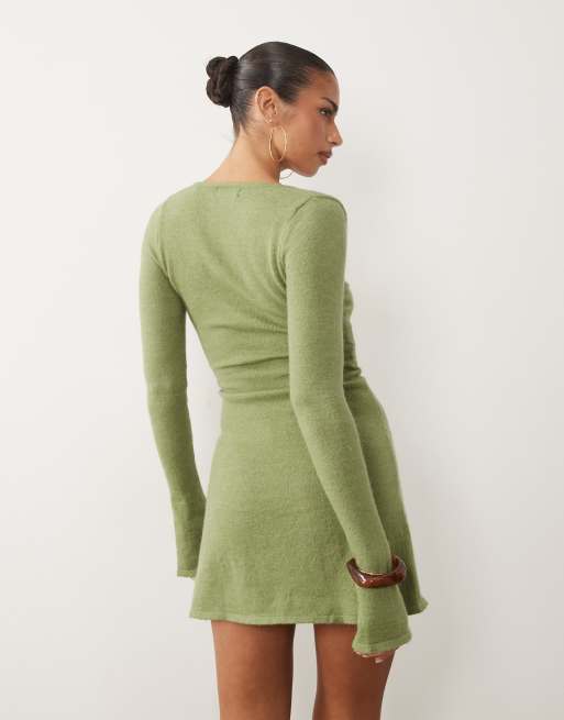 Motel Kodia scoop neck shell knit mini dress in olive, 4 of 4
