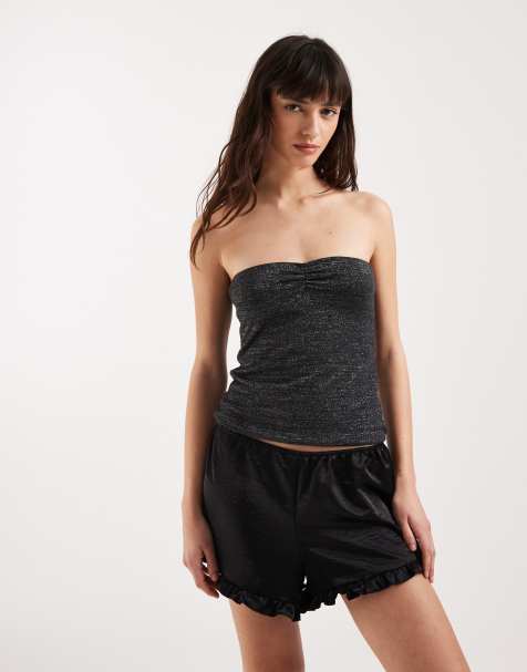 Motel Kolisa ruched glitter bandeau top in black - view 1