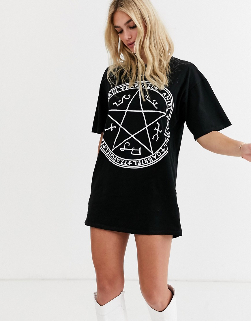 Motel - Korte T-shirtjurk met astrologieprint-Zwart