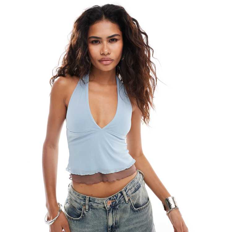 Motel kubra layered halterneck tank top in light blue and brown | ASOS
