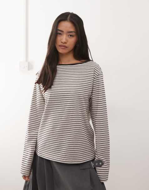Motel Kumiko long sleeve boat neck striped top in gray - view 1