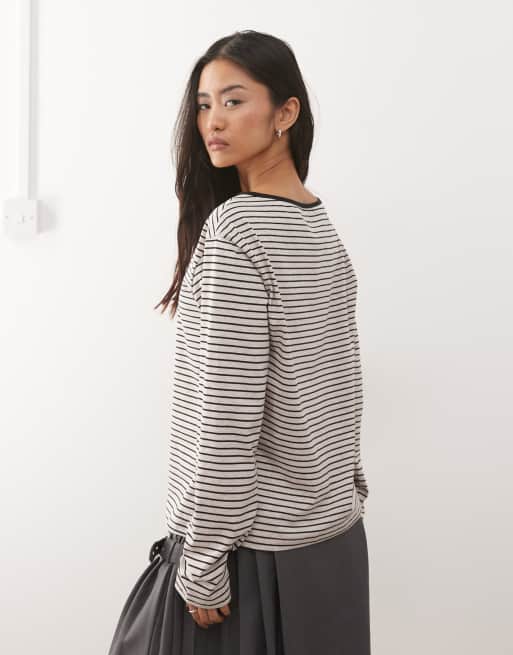 Motel Kumiko long sleeve boat neck striped top in grey, 3 of 4