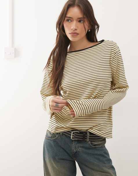 Motel Kumiko long sleeve boat neck striped top in yellow