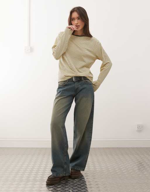 Motel Kumiko long sleeve boat neck striped top in yellow, 2 of 4