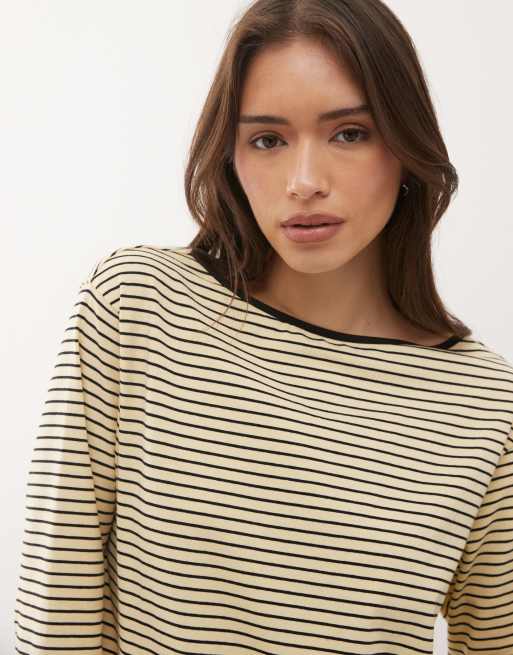 Motel Kumiko long sleeve boat neck striped top in yellow, 3 of 4