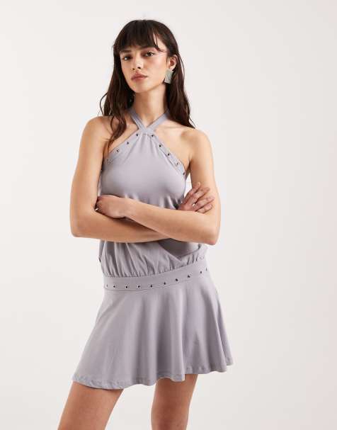 Motel – Kureha – Jersey-Minikleid in Fliedergrau mit Neckholder und Ösen - view 1