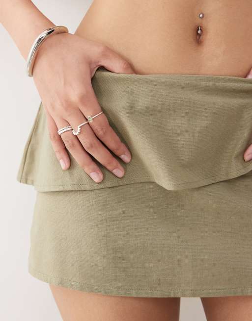Motel kyoko wrap detail linen look mini skirt in slate green