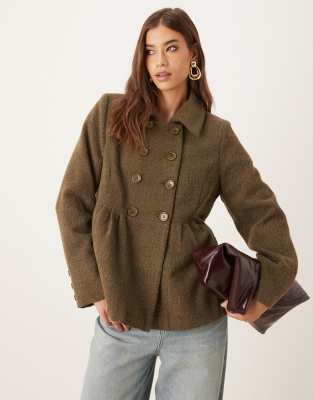 Motel Lacarti Double Breasted Herringbone Coat In Green