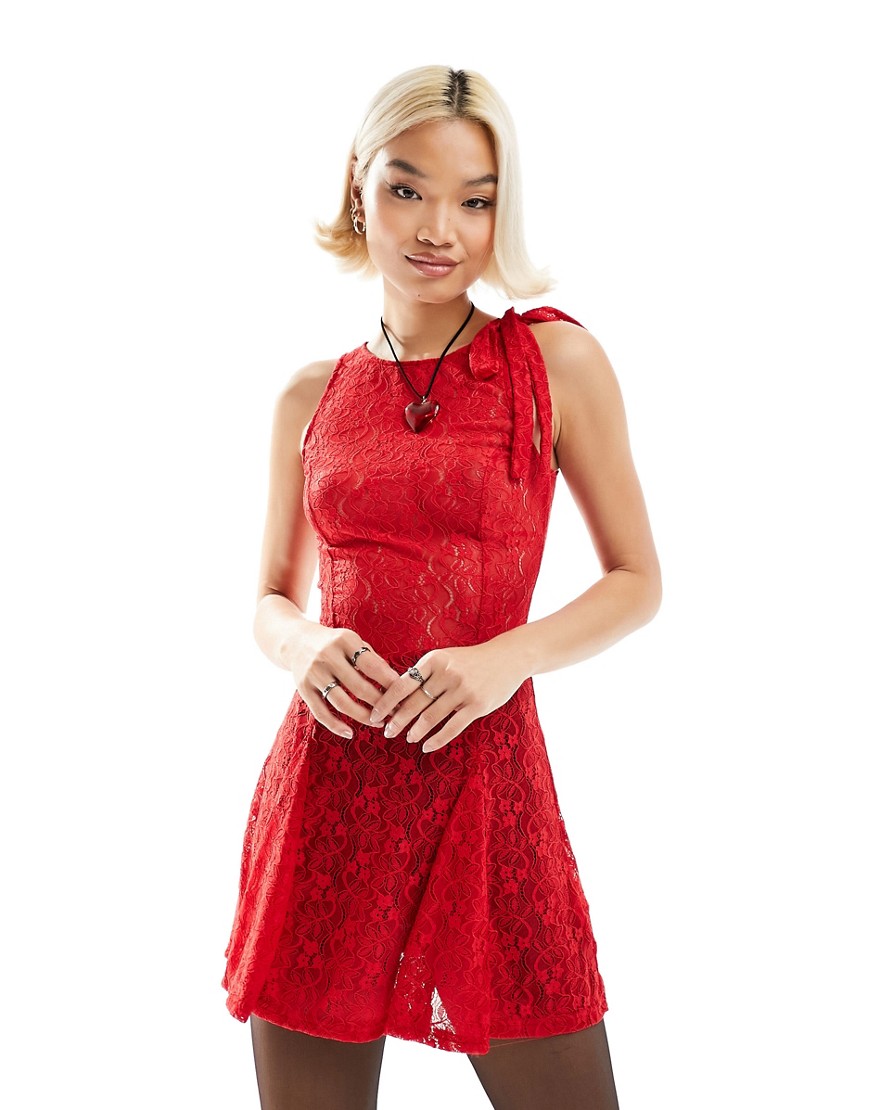 Motel lace bow-detail mini dress in red