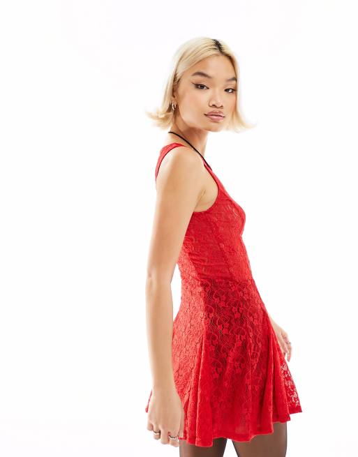 Motel lace bow detail mini dress in red ASOS