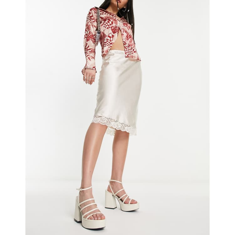 Motel lace detail satin knee length skirt in pearled ivory