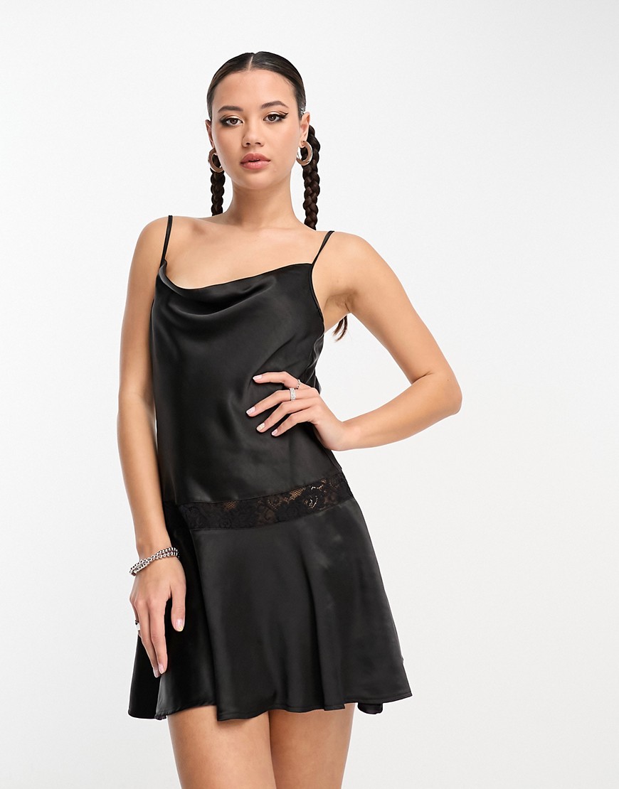 Motel Tahira Satin Lace-inset Mini Dress In Black