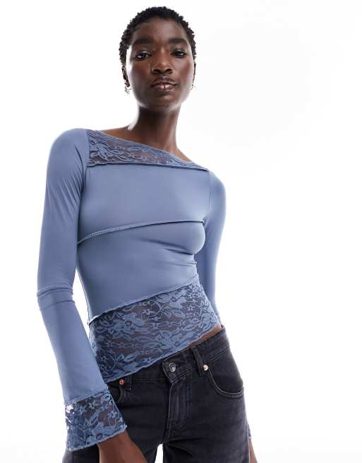 Motel lace panel long sleeve top in steel blue