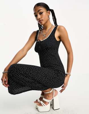 Motel Lace Trim Polka Dot Maxi Dress In Black | ModeSens