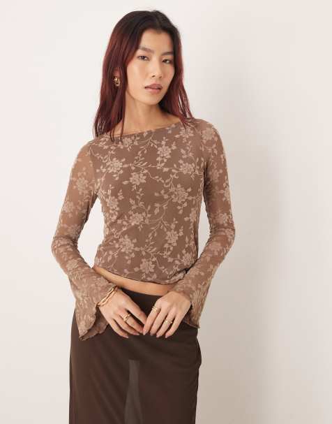 Motel Lakya long sleeve leafy flock top in dark taupe - view 1