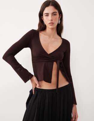 Motel Lamae Wrap Detail Long Sleeve Top In Brown