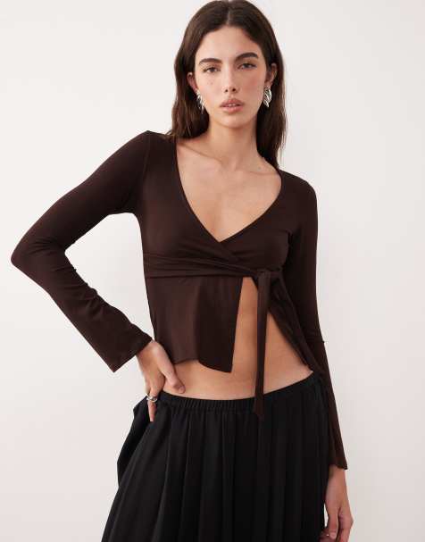 Motel Lamae wrap detail long sleeve top in bitter chocolate - view 1