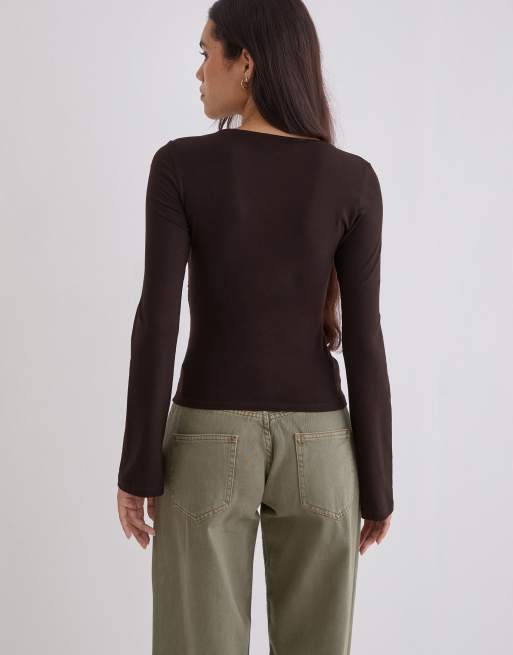 Motel Lamae wrap detail long sleeve top in bitter chocolate, 4 of 4