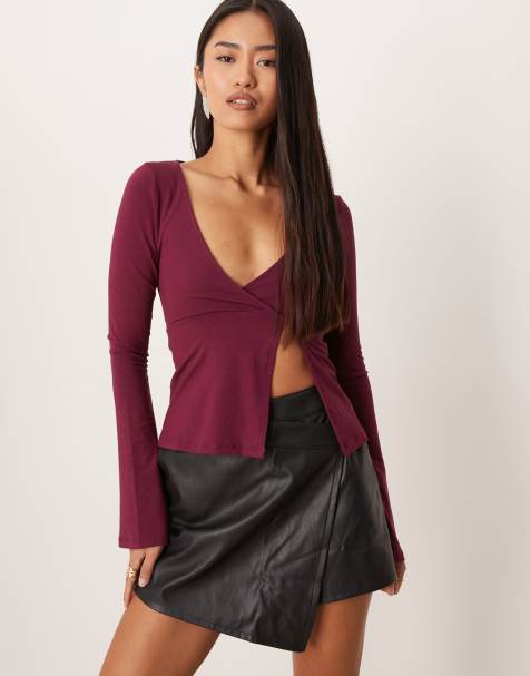 Motel Lamae wrap detail long sleeve top in bitter deep purple