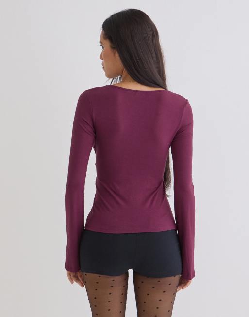 Motel Lamae wrap detail long sleeve top in bitter deep purple, 4 of 4