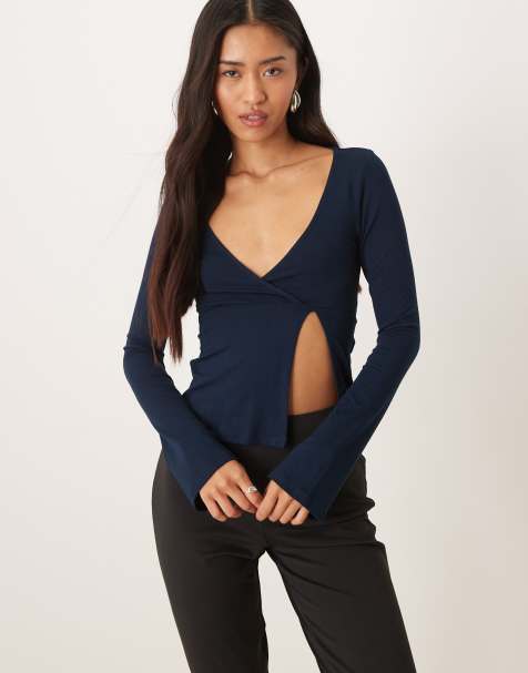 Motel Lamae wrap detail long sleeve top in navy