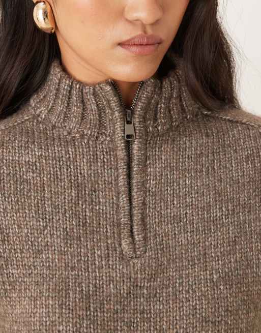 Motel - Lamara - Maglione marrone scuro mélange con zip corta, 2 di 4