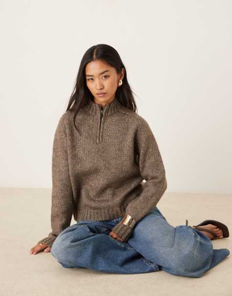 Motel Lamara quarter zip jumper in dark brown marl - view 1